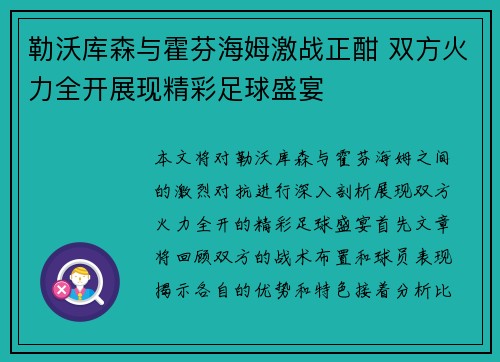 勒沃库森与霍芬海姆激战正酣 双方火力全开展现精彩足球盛宴