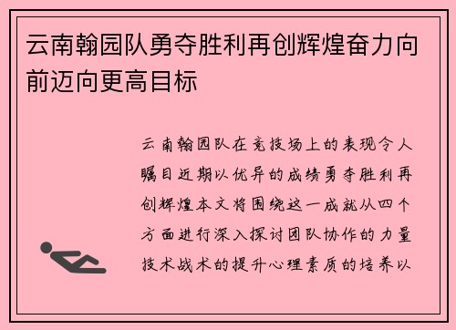 云南翰园队勇夺胜利再创辉煌奋力向前迈向更高目标