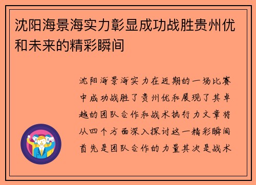 沈阳海景海实力彰显成功战胜贵州优和未来的精彩瞬间