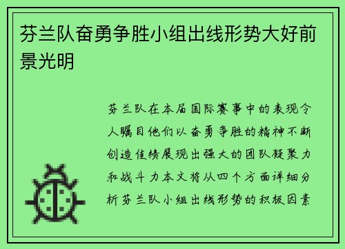 芬兰队奋勇争胜小组出线形势大好前景光明