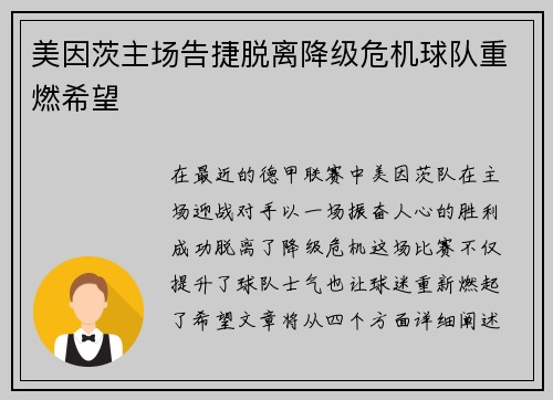 美因茨主场告捷脱离降级危机球队重燃希望