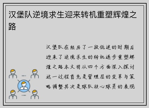 汉堡队逆境求生迎来转机重塑辉煌之路