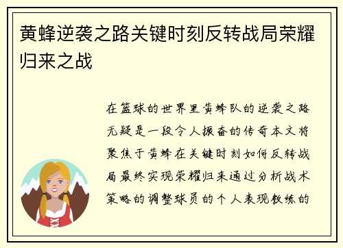 黄蜂逆袭之路关键时刻反转战局荣耀归来之战