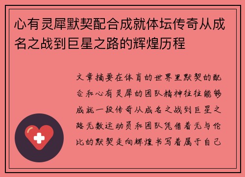 心有灵犀默契配合成就体坛传奇从成名之战到巨星之路的辉煌历程