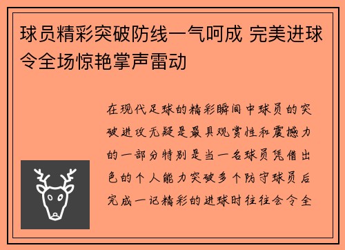 球员精彩突破防线一气呵成 完美进球令全场惊艳掌声雷动