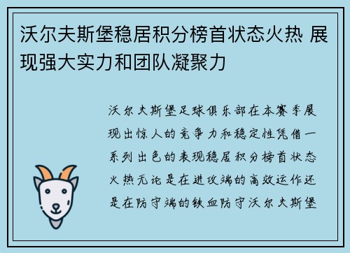 沃尔夫斯堡稳居积分榜首状态火热 展现强大实力和团队凝聚力
