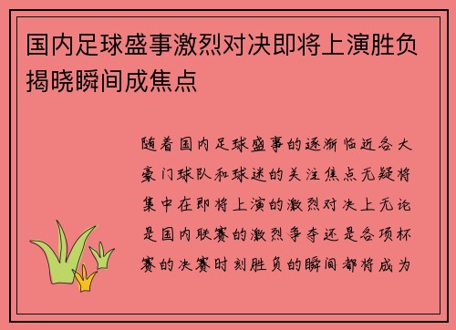 国内足球盛事激烈对决即将上演胜负揭晓瞬间成焦点