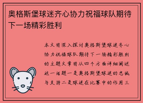 奥格斯堡球迷齐心协力祝福球队期待下一场精彩胜利