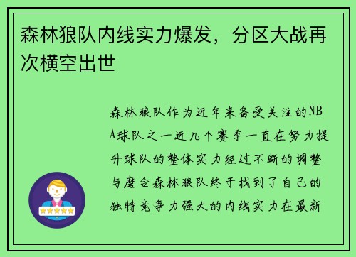 森林狼队内线实力爆发，分区大战再次横空出世