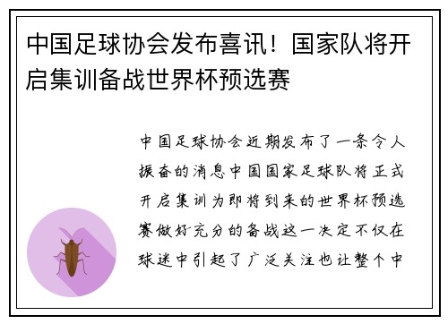 中国足球协会发布喜讯！国家队将开启集训备战世界杯预选赛